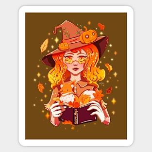 Fall Autumn Magic Witch with Fox and Falling Leaves Sticker